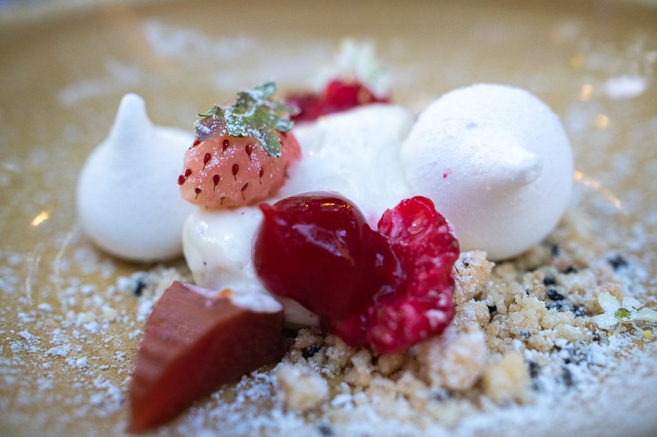 Dessert aus Creme mit Himbeeren und Rhabarber mit kleinen Holunderblüten